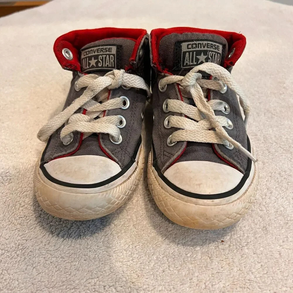 Converse High Top Sneaker All Star Jr Chuck Taylor Gray Red Canvas Lace Up 11.5 - Picture 2 of 8
